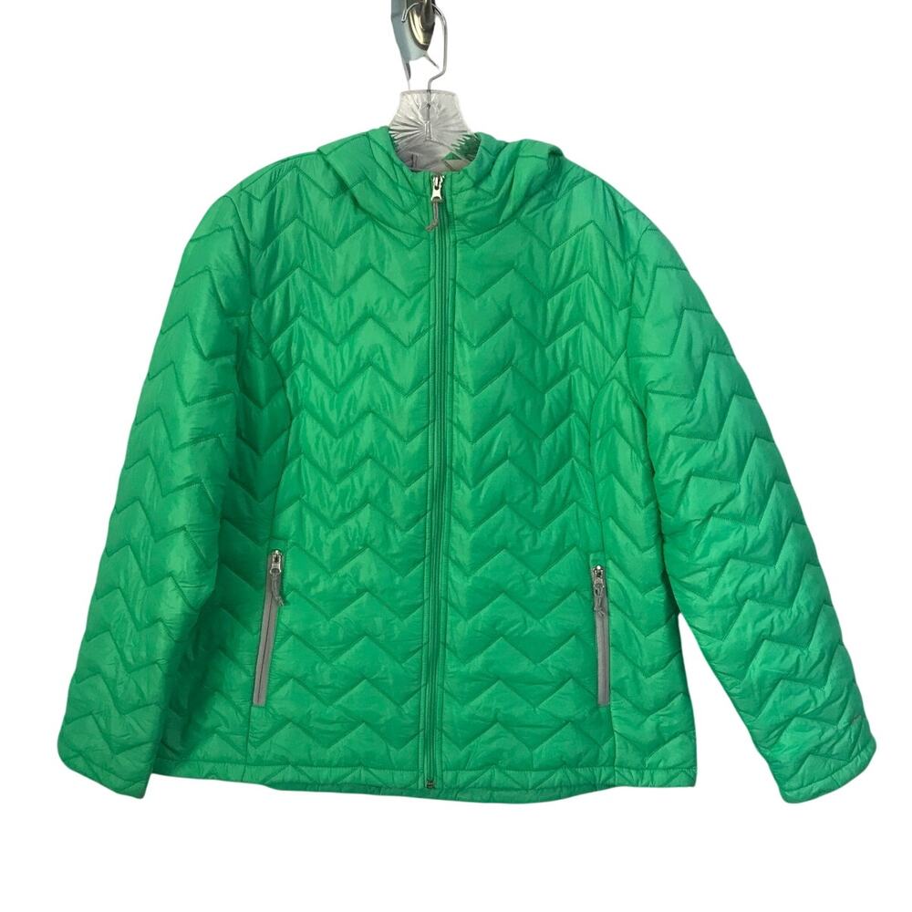 Free Country Puffer Jacket XL Womens Green Chevron Lightweight Hooded Jacket